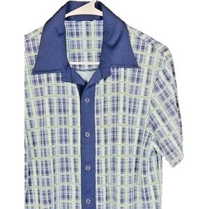 Vintage 70s‎ Disco Plaid Knit Snap Front Shirt Dagger Collar Retro Blue Green
